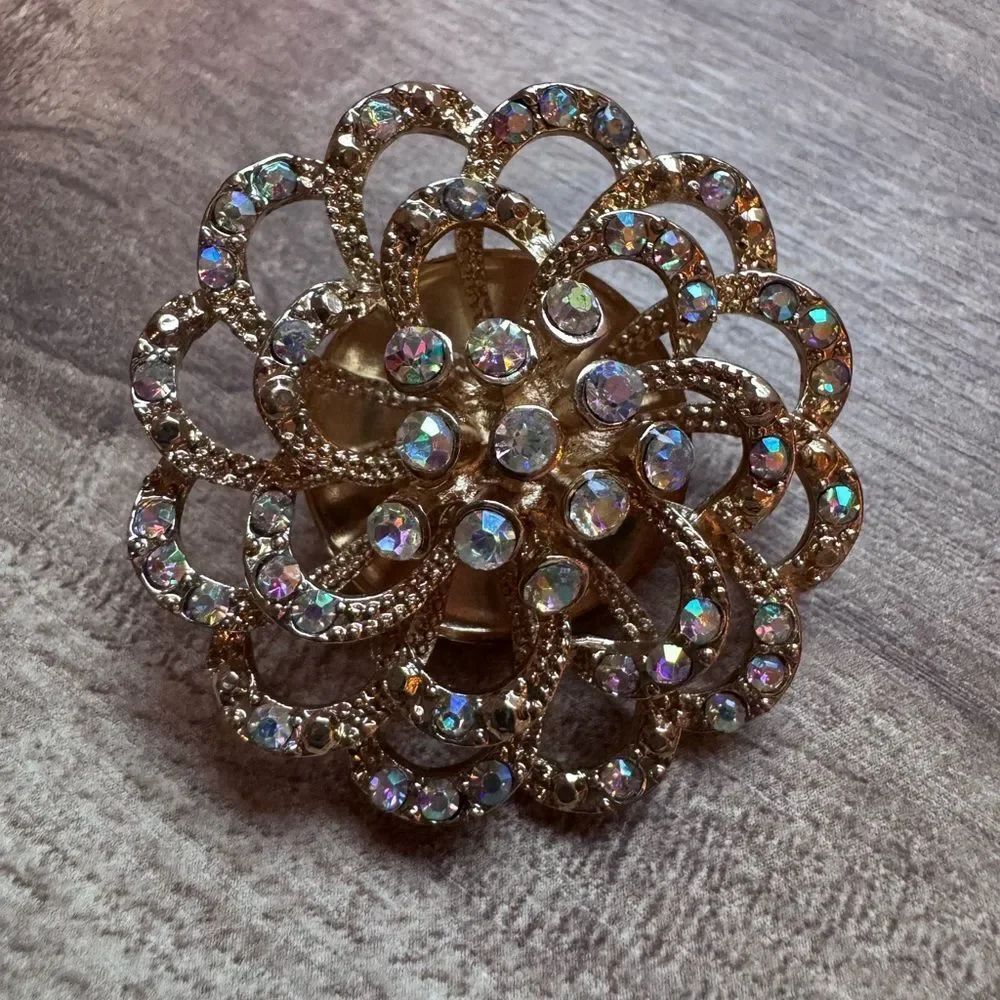 Vintage Floral Iridescent Rhinestone Rainbow Brooch Pin Gold Tone Round Reef